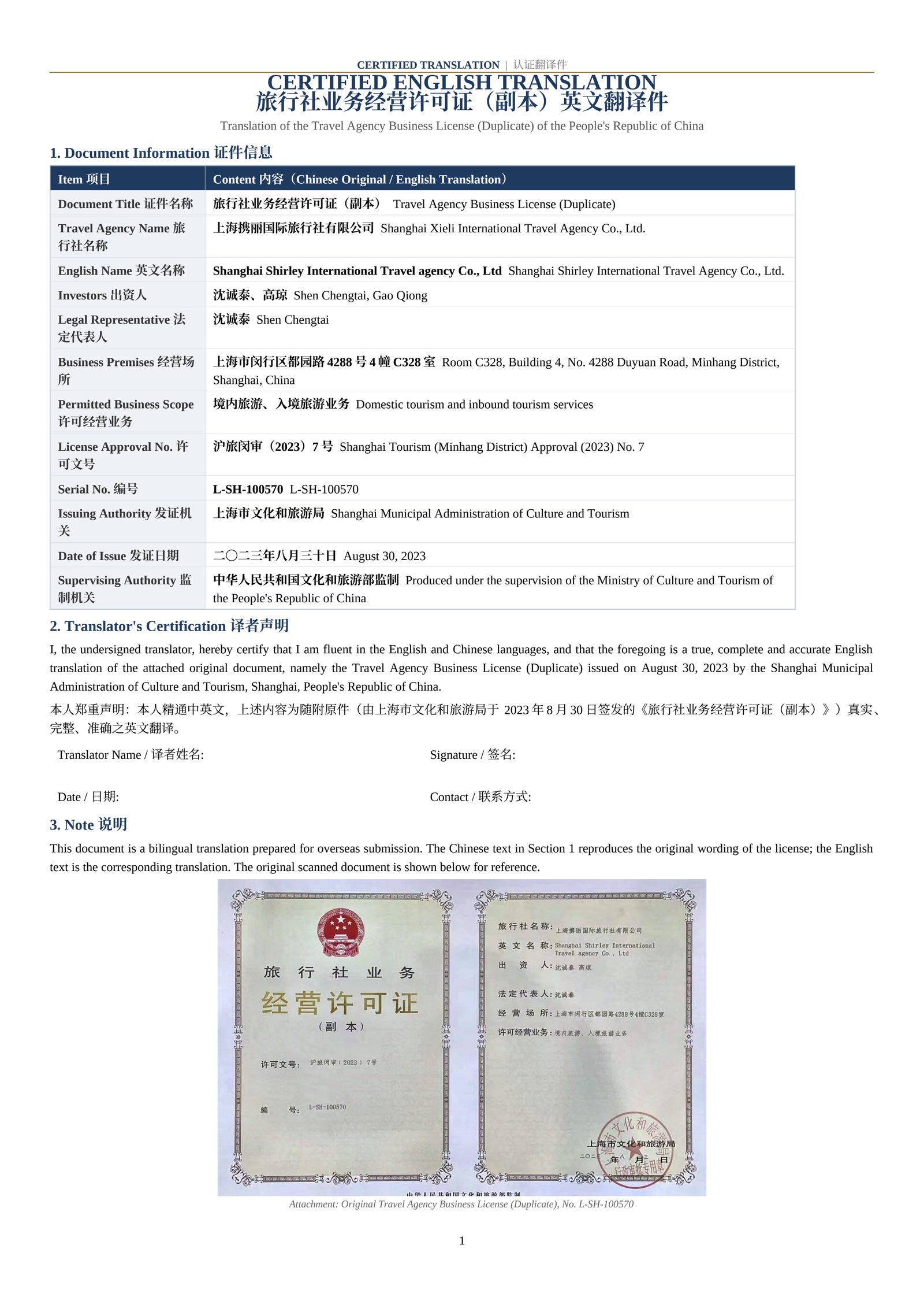 上海市文化・観光局発行の旅行会社業務経営許可証